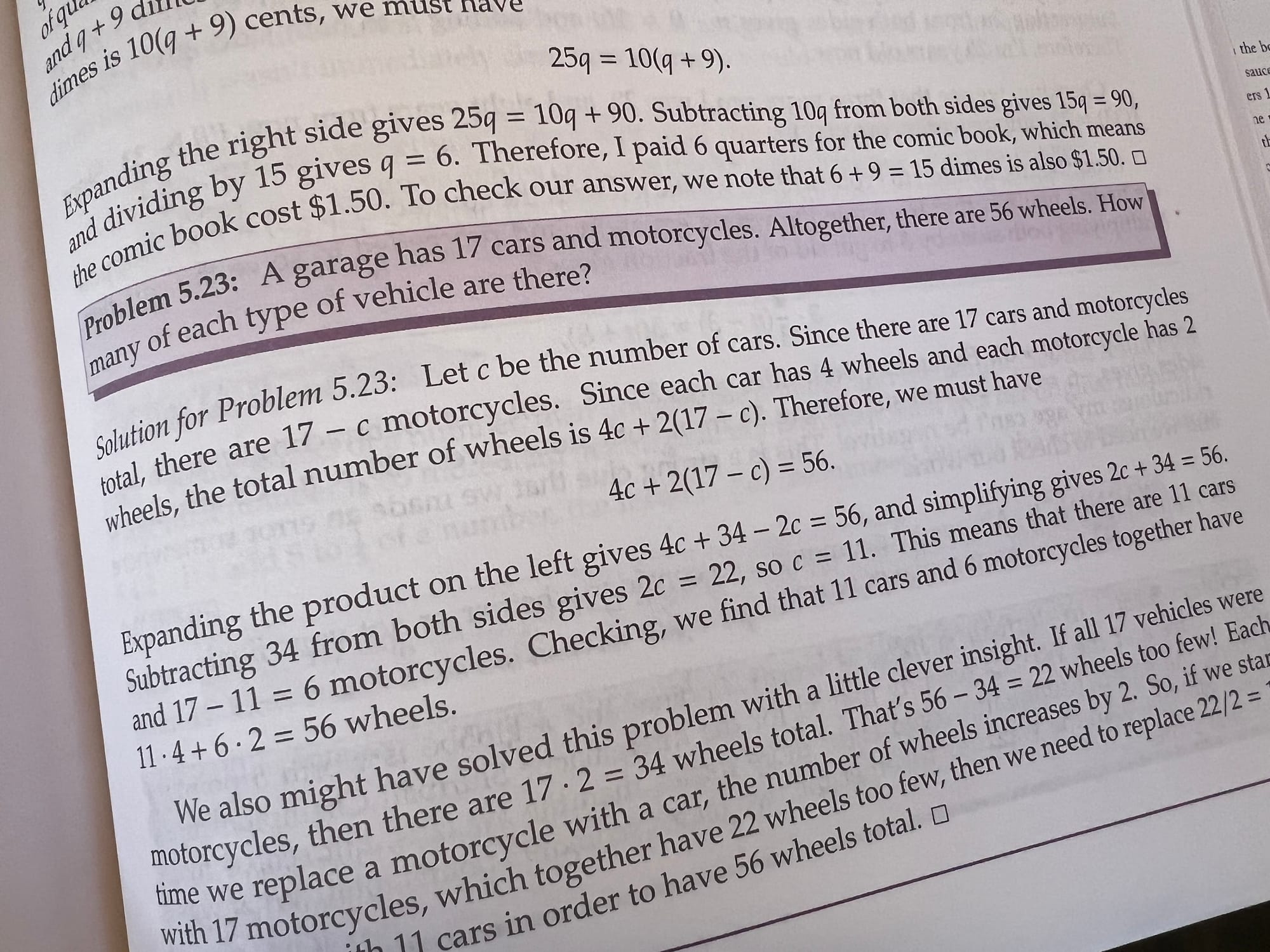 A word problem about vehicles, and the instructions for solving, from a Prealgebra textbook.