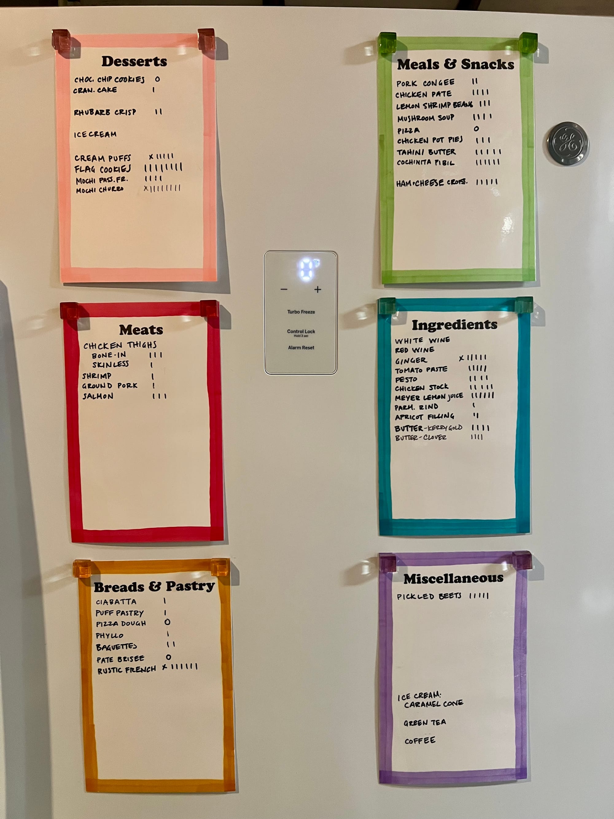 Six mini whiteboards, one for each category: Desserts, Meats, Breads & Pastry, Meals & Snacks, Ingredients, and Miscellaneous. Each has items with tally marks.
