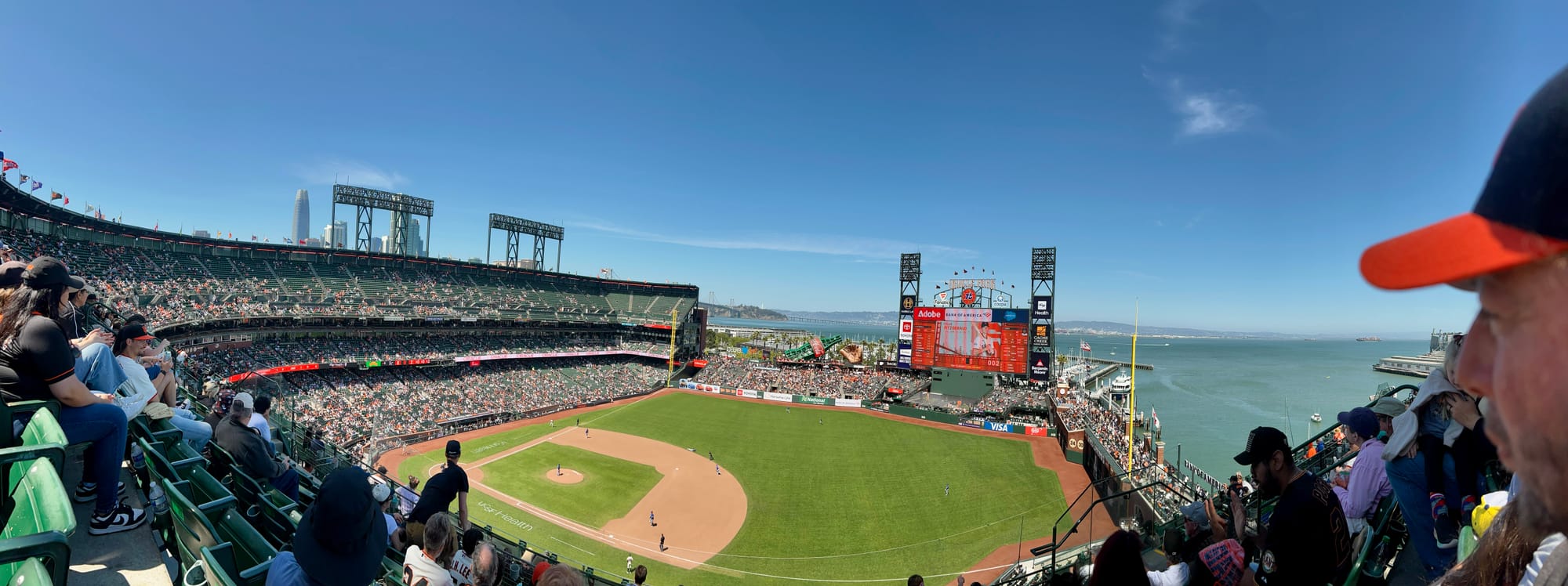 A panoramic view of Oracle Park stadium, with downtown SF's skyscrapers, the Bay Bridge, and San Francisco Bay seen beyond the edges of the ballpark.