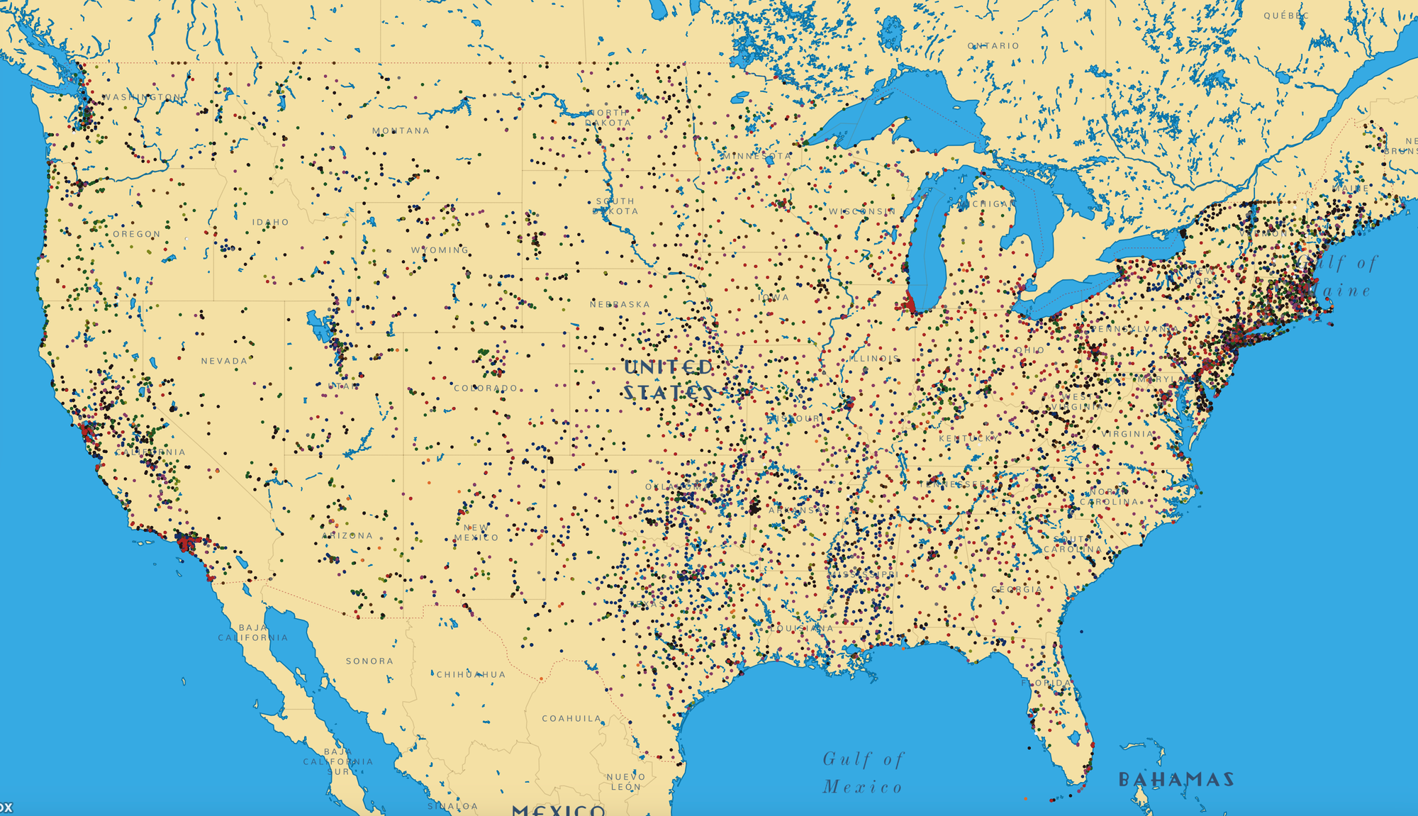 A map of the United States is covered with very tiny dots, like a heavily salted, uh, salted thing.