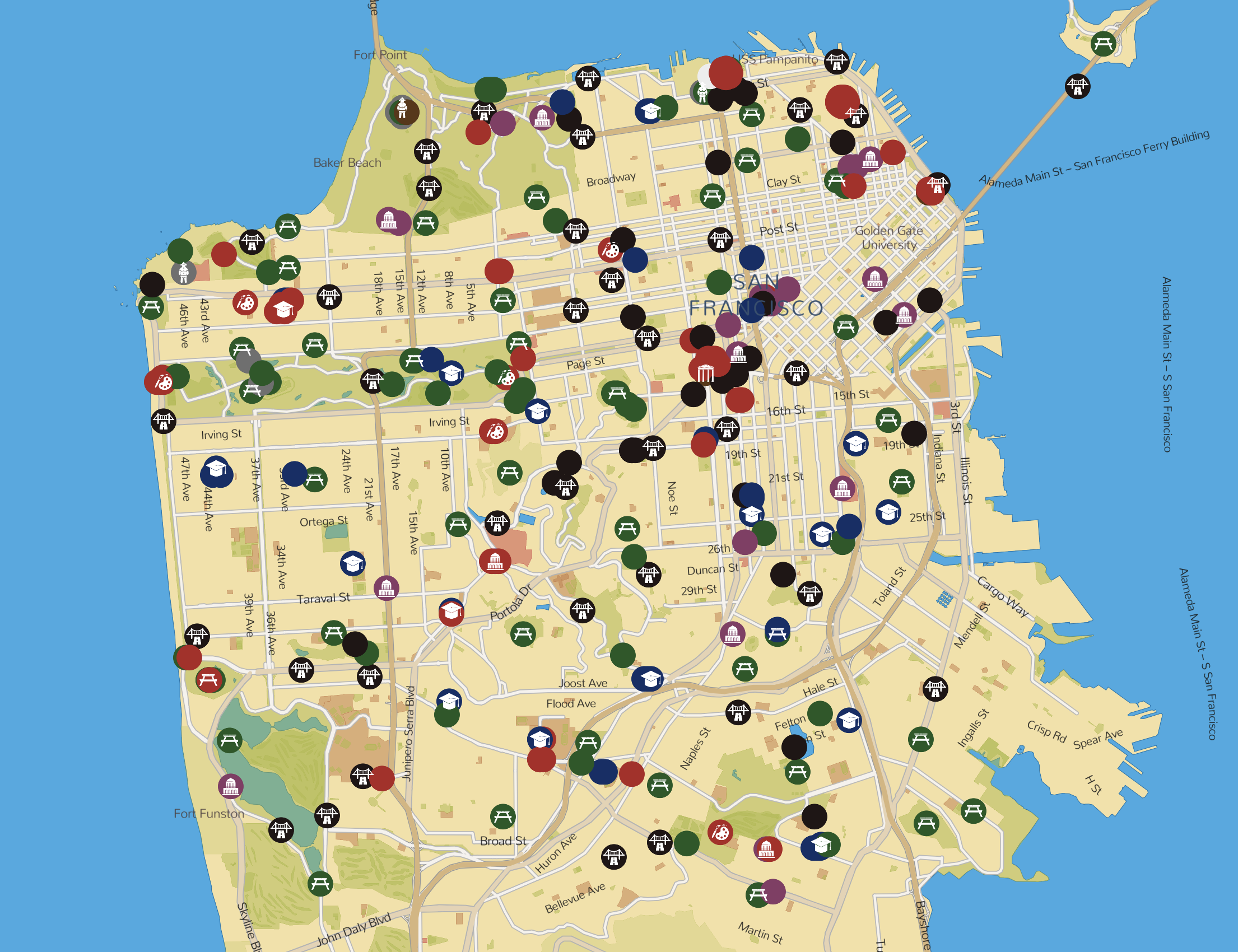 A map of San Francisco shows New Deal locations, I'd estimate there are around a hundred evenly spread through the city.