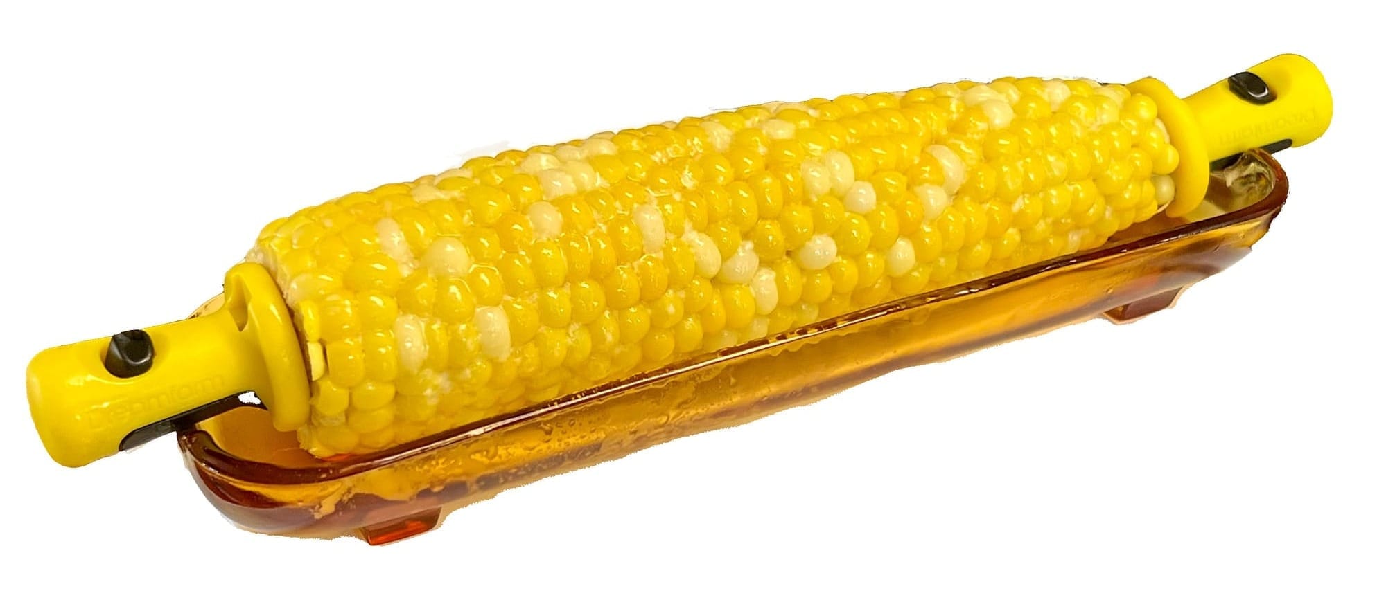Corn on the cob, buttered, with handles on each end, and sitting in a glass bowl just the right size to hold it.